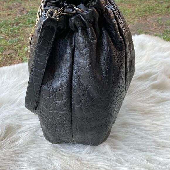 MICHAEL KORS Black Croc Embossed Chain Tote Shoulder Bag Bedford Selma Raven - Picture 3 of 11
